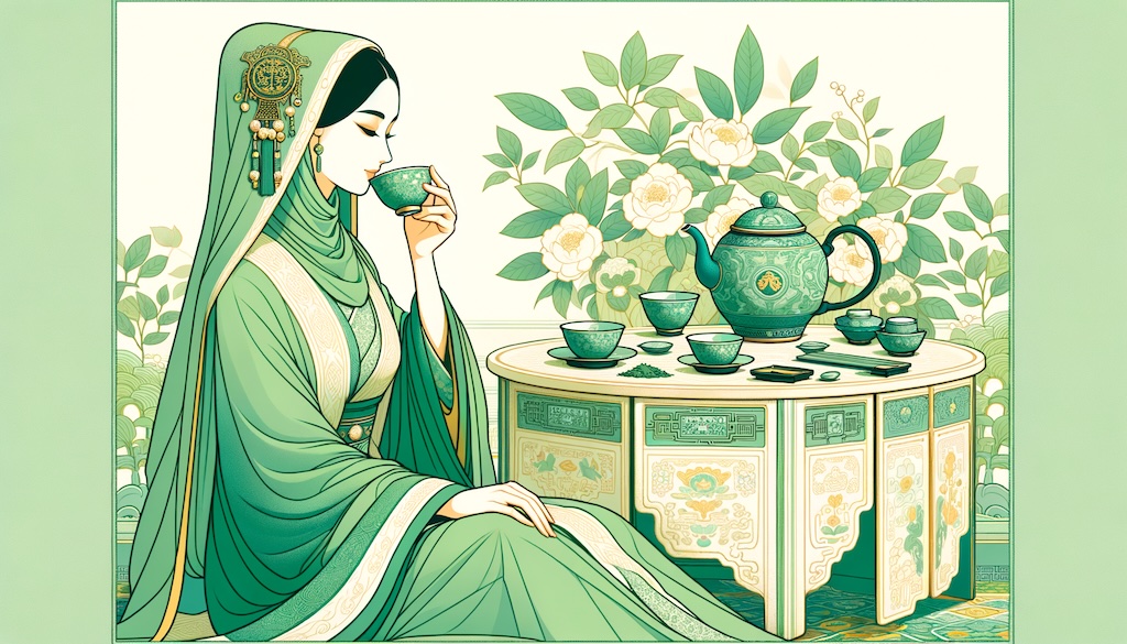 Woman in green sipping Chinese tea, surrounded by floral decor.