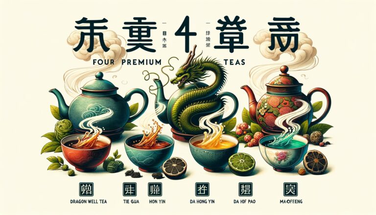 Four premium Chinese teas: Dragon Well, Tie Guan Yin, Da Hong Pao, Mao Feng.