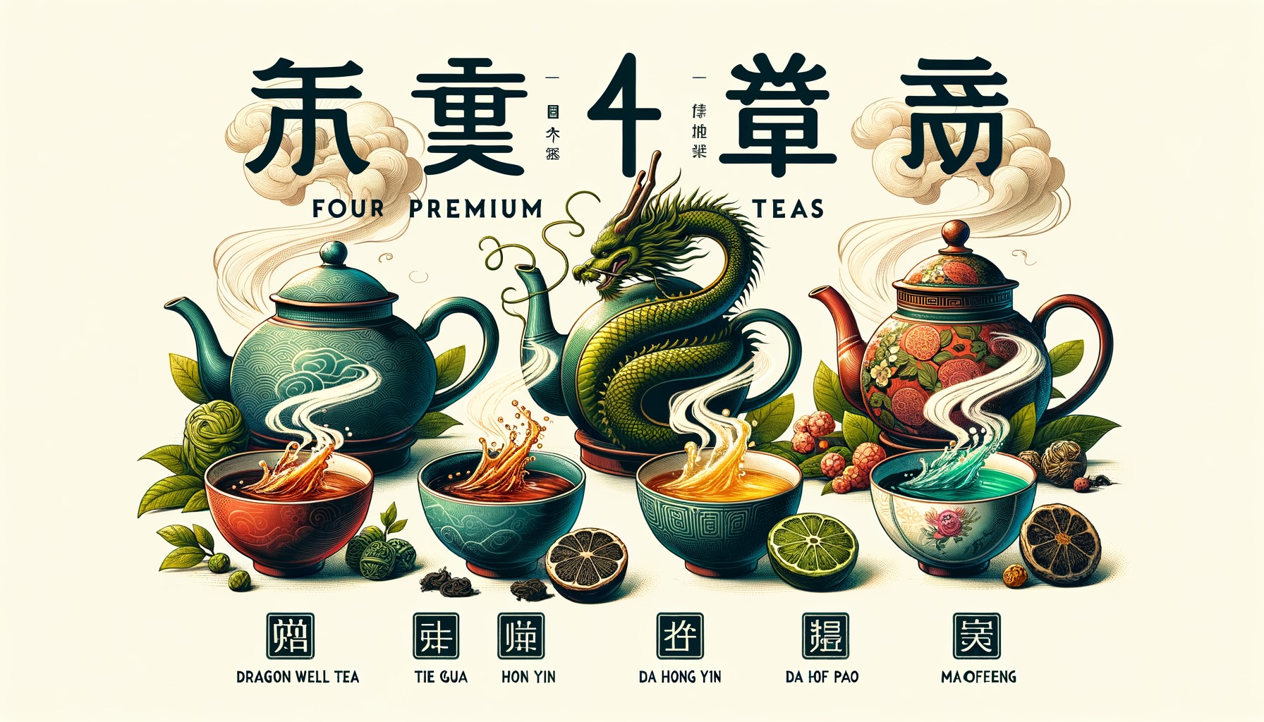 Four premium Chinese teas: Dragon Well, Tie Guan Yin, Da Hong Pao, Mao Feng.