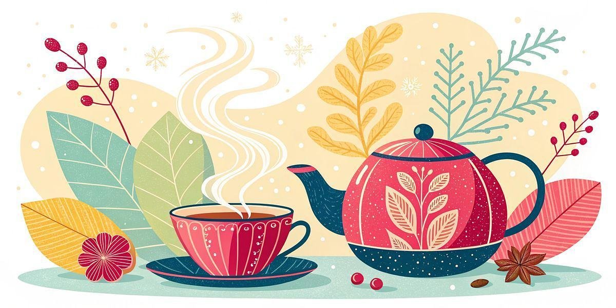 Cozy winter tea scene with steaming cup, teapot, and festive botanicals