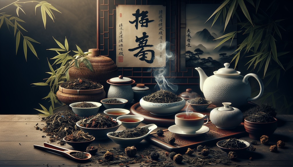 Chinese tea ceremony setup with steaming teapot, tea bowls, and bamboo