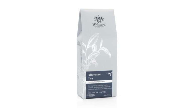 Whittard Afternoon Tea loose leaf tea blend packaging with floral design