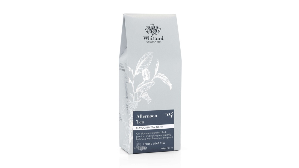 Whittard Afternoon Tea loose leaf tea blend packaging with floral design
