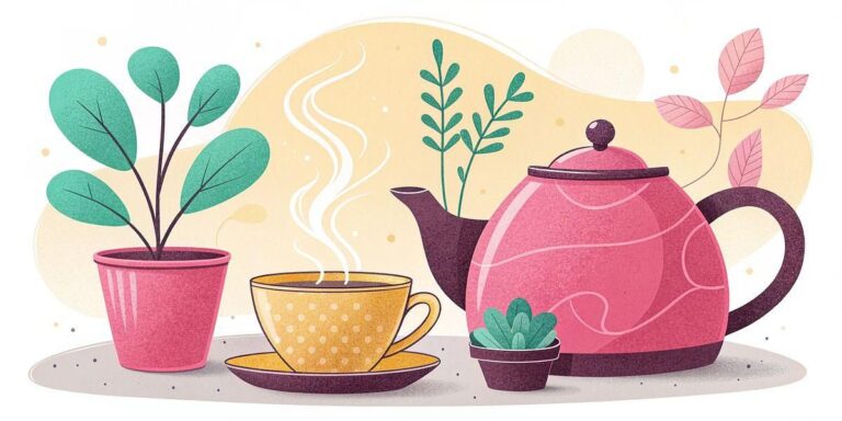 Pink teapot and yellow teacup with steaming organic tea and plants
