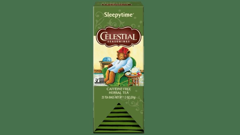 Celestial Seasonings Sleepytime herbal tea box with a bear in a robe
