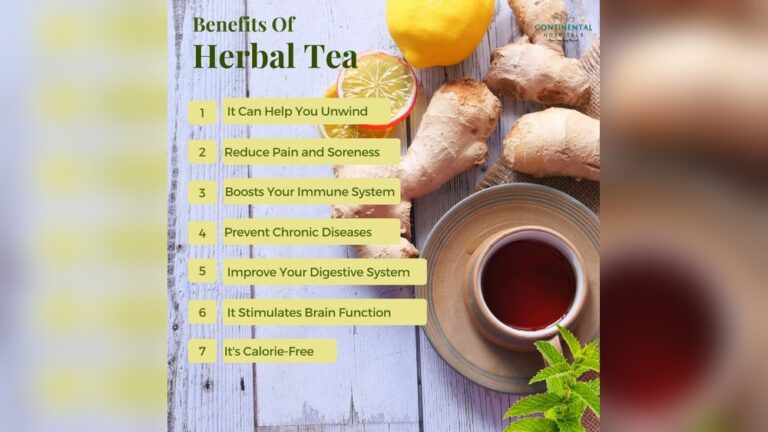 Herbal tea benefits list: unwind, reduce pain, boost immunity, prevent disease, improve digestion, stimulate brain, calorie-free.