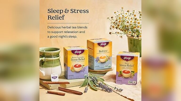 Yogi Sleep & Stress Relief tea boxes with mug, lavender, and cinnamon sticks.
