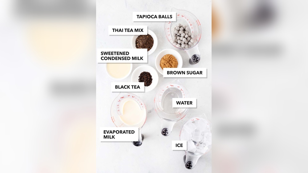 Bubble tea ingredients: tapioca balls, tea, milk, sugar, water, and ice.