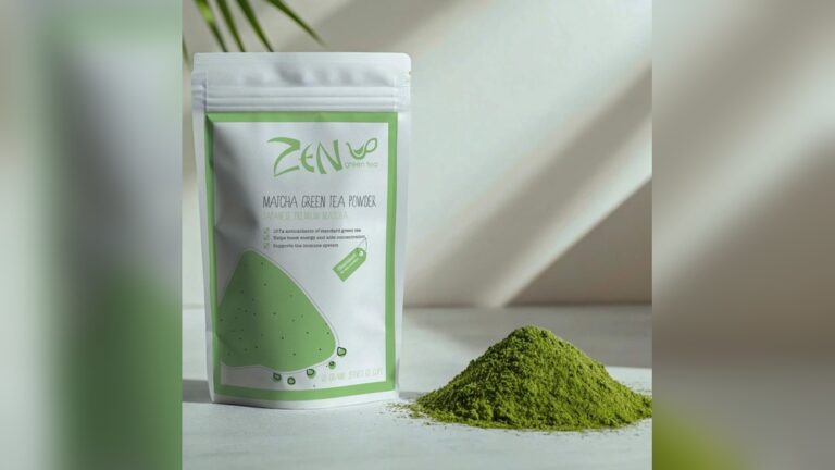 Zen Green Tea matcha powder packaging and a pile of matcha powder