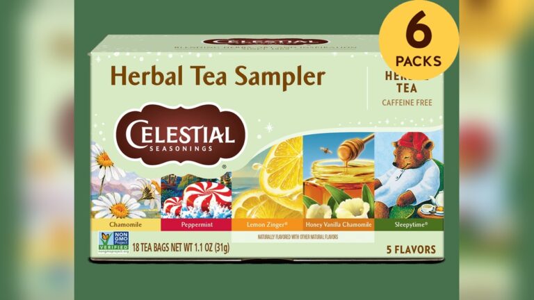 Celestial Seasonings Herbal Tea Sampler box with 6 packs, featuring 5 flavors.