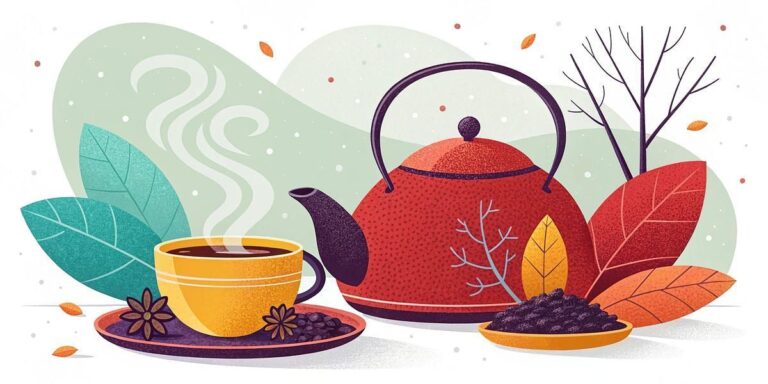 Red oolong tea set with steaming cup, star anise, and autumn leaves