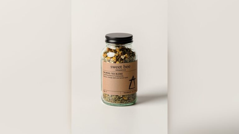 Sweet Bee Organics Calming Tea Blend in glass jar, featuring chamomile, orange peel, and lemon balm.