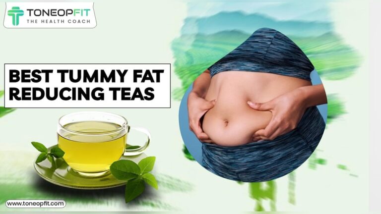 Green tea and a hand pinching belly fat, with text "Best Tummy Fat Reducing Teas