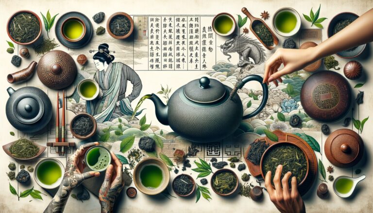 Chinese green tea ceremony: teapot, cups, leaves, dragon, and historical illustration.