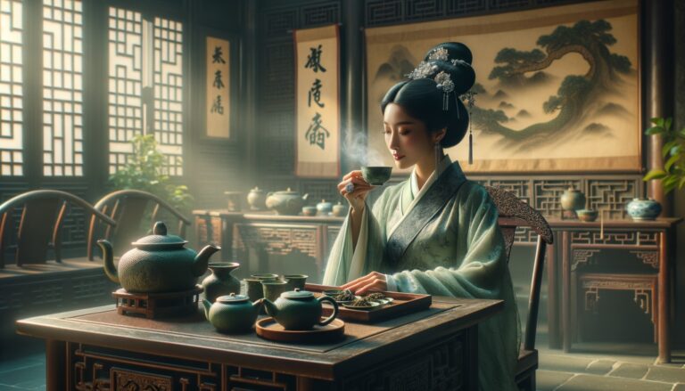 Woman in traditional Chinese attire enjoys green tea in a serene setting.