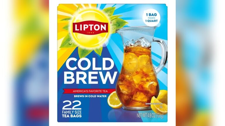 Lipton Cold Brew tea bags box with a pitcher of iced tea and lemons