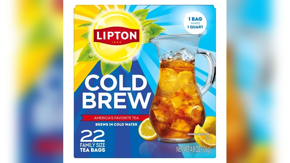 Lipton Cold Brew tea bags box with a pitcher of iced tea and lemons