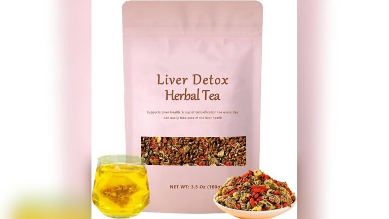 Liver Detox Herbal Tea pouch, brewed tea, and loose herbs for cleansing.