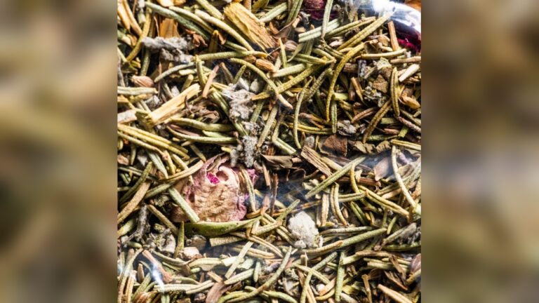 Close-up of dried herbs, including rosemary and rose petals, for digestive herbal tea.
