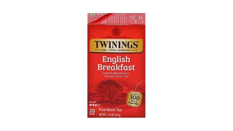 Twinings English Breakfast tea box with 20 tea bags, featuring a tree illustration.