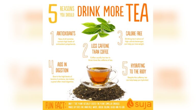 Infographic: 5 reasons to drink more tea, including antioxidants, hydration, and calorie-free benefits.