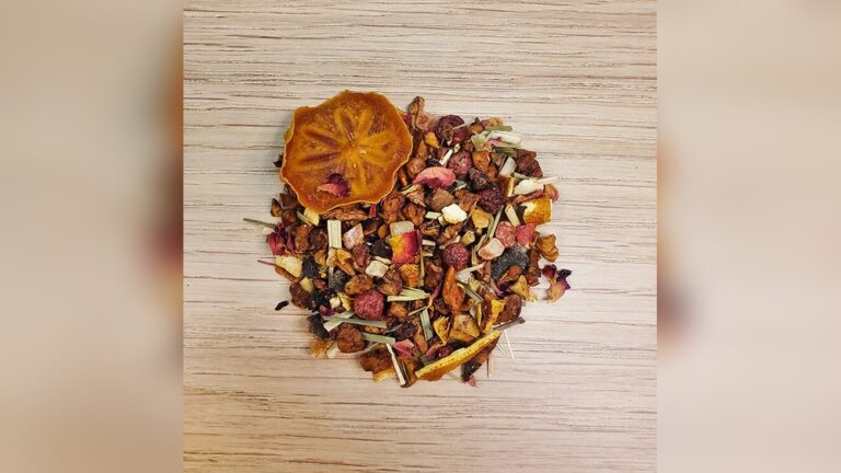 Fruit tea blend with dried persimmon, rose petals, and citrus peel