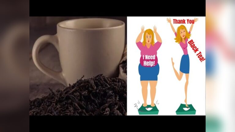Cup of black tea and illustration showing weight loss transformation