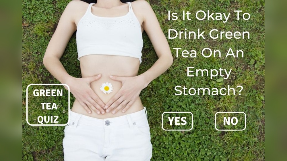 Woman lying on grass with green tea quiz text and yes/no buttons