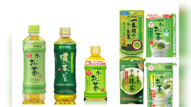 Assortment of Oi Ocha Japanese green tea bottles and pouches