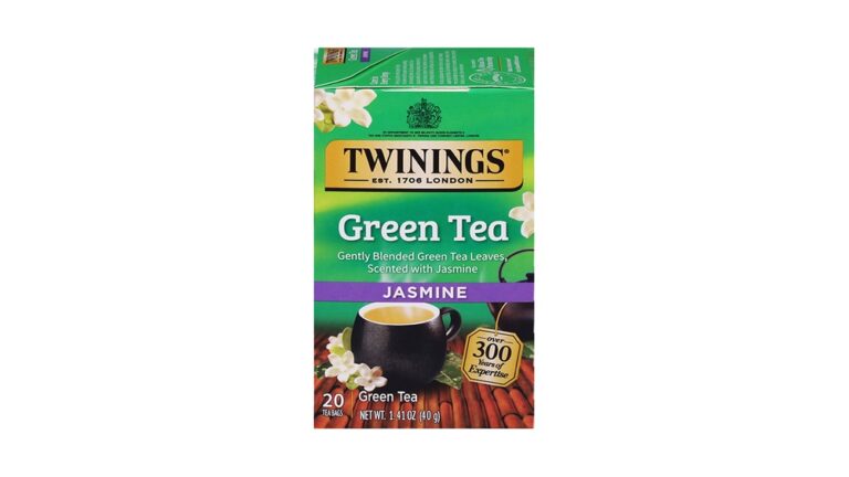 Twinings Jasmine Green Tea box with a cup of tea and jasmine flowers