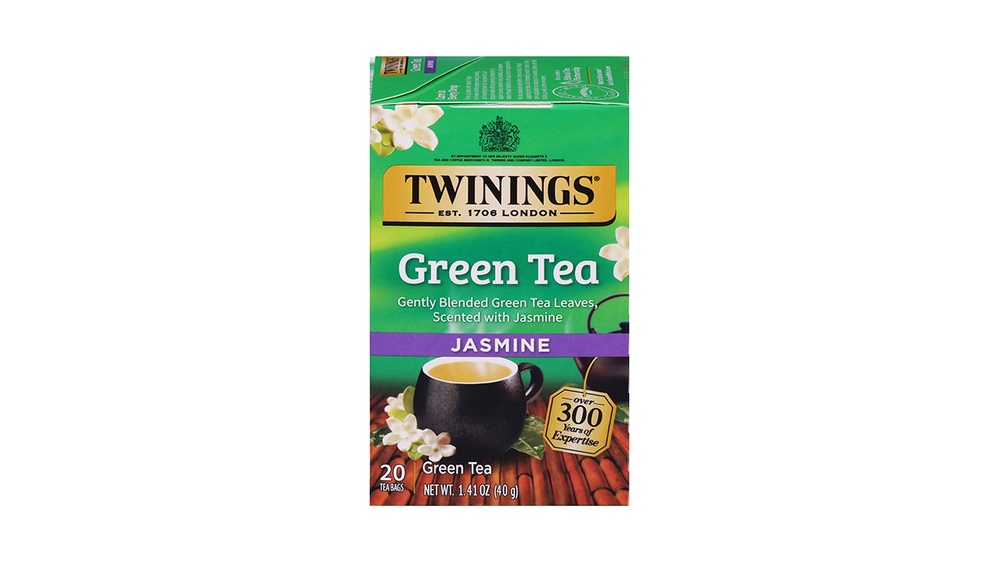 Twinings Jasmine Green Tea box with a cup of tea and jasmine flowers