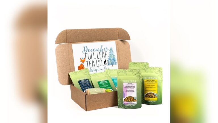 December Full Leaf Tea Co. subscription box with assorted teas