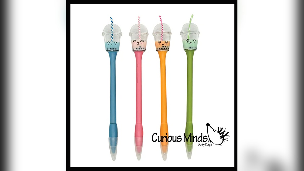 Four cute bubble tea pens in blue, pink, orange, and green.