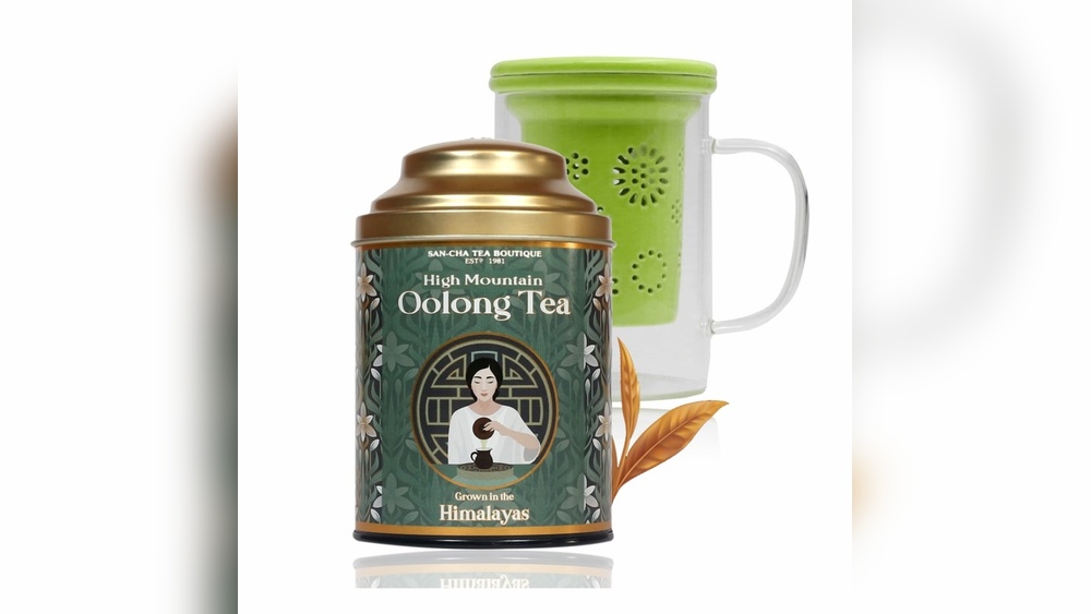 San-Cha High Mountain Oolong Tea tin and glass infuser mug