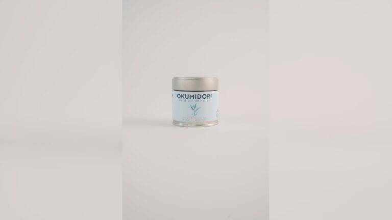 Okumidori pesticide-free matcha tea in a tin