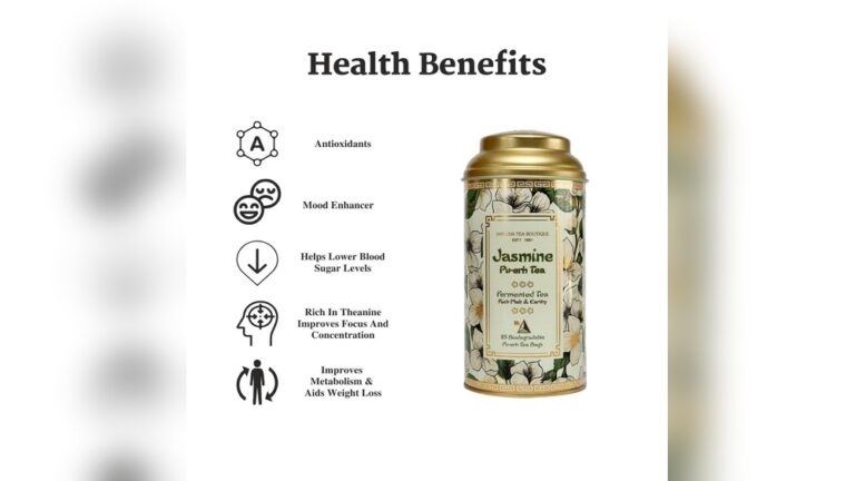 Jasmine Pu-erh tea tin with health benefits: antioxidants, mood, blood sugar, focus, metabolism.