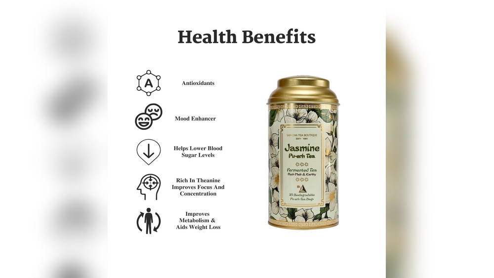 Jasmine Pu-erh tea tin with health benefits: antioxidants, mood, blood sugar, focus, metabolism.