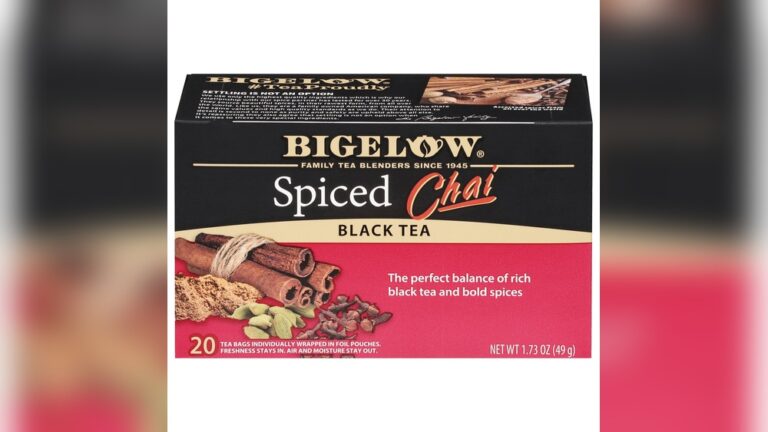 Box of Bigelow Spiced Chai Black Tea with cinnamon sticks and spices