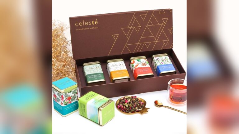 Celeste tea gift set with four artisanal tea blends in decorative tins.