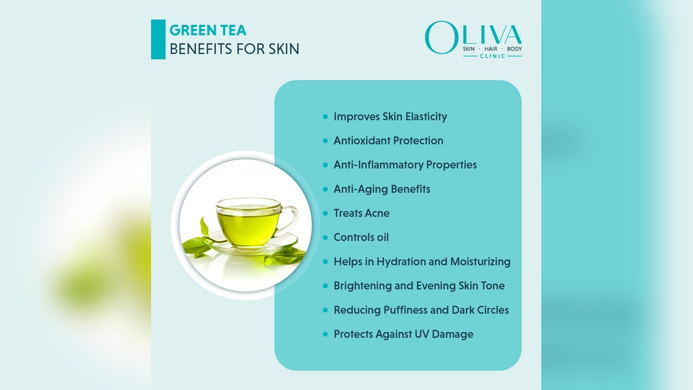 Green tea benefits for skin: elasticity, antioxidants, anti-inflammatory, anti-aging, acne, oil control, hydration, tone, puffiness, UV damage.