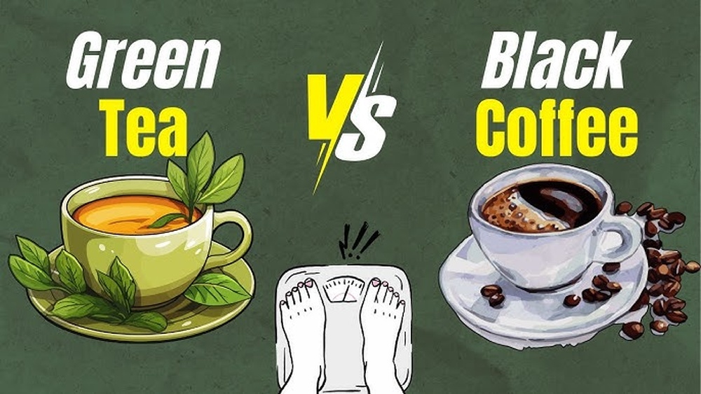 Green tea vs. black coffee for weight loss: image shows cups, scale