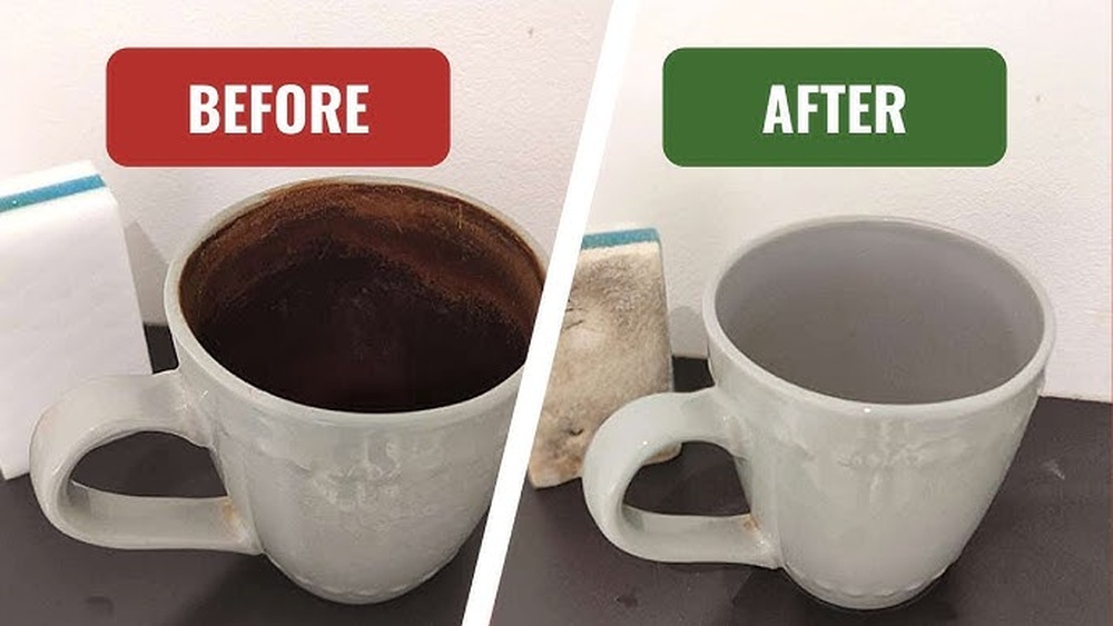Before and after of a dirty coffee mug being cleaned to remove stains