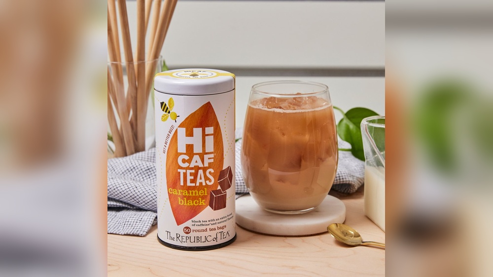 Hi Caf Teas caramel black tea tin and iced tea in a glass