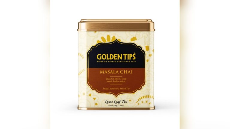 Golden Tips Masala Chai loose leaf tea tin with Indian spice patterns