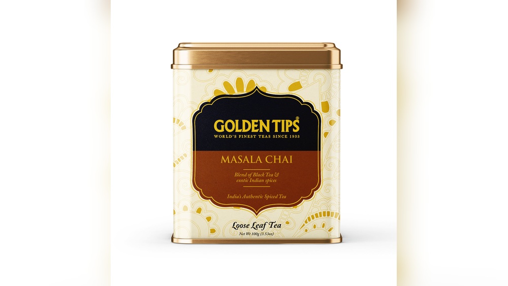 Golden Tips Masala Chai loose leaf tea tin with Indian spice patterns