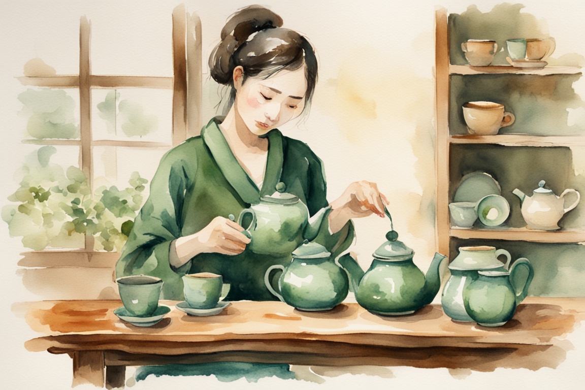 Woman in green preparing Chinese tea ceremony with teapots and cups