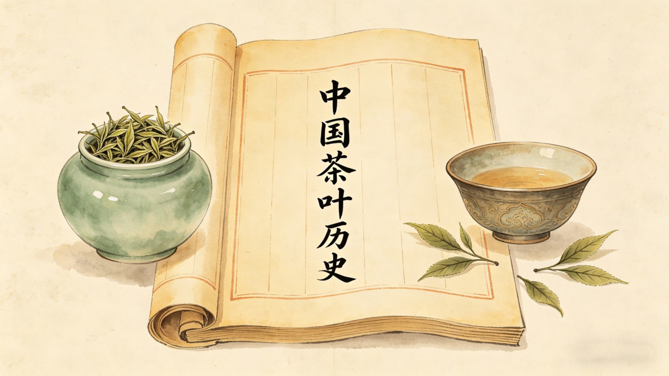 Chinese tea history book with tea leaves and cup