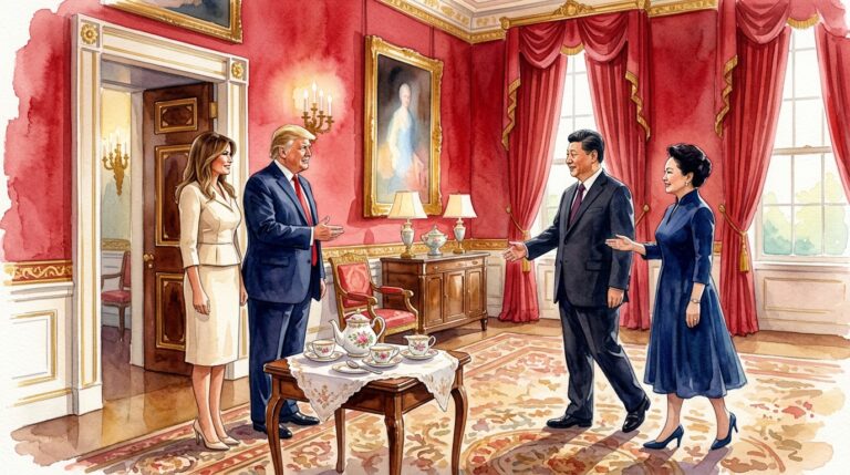 Donald Trump and Xi Jinping meeting in a formal room with Melania Trump and Peng Liyuan