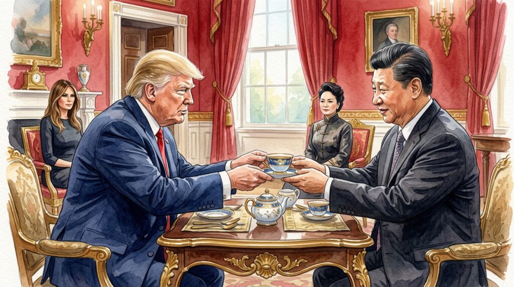 Trump and Xi Jinping exchange tea cups in the White House, with Melania Trump and a Chinese official observing.