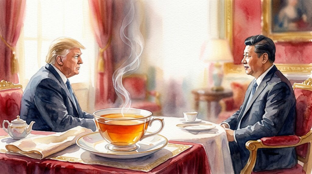 Donald Trump and Xi Jinping share tea during a diplomatic meeting.